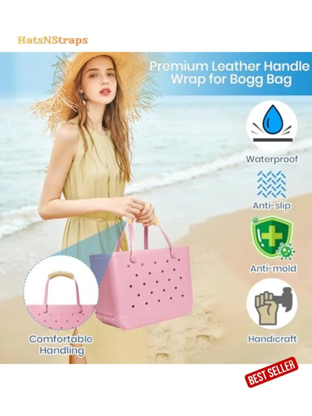 Adjustable Crossbody Strap with Leather Handle Wrap for Beach Totes